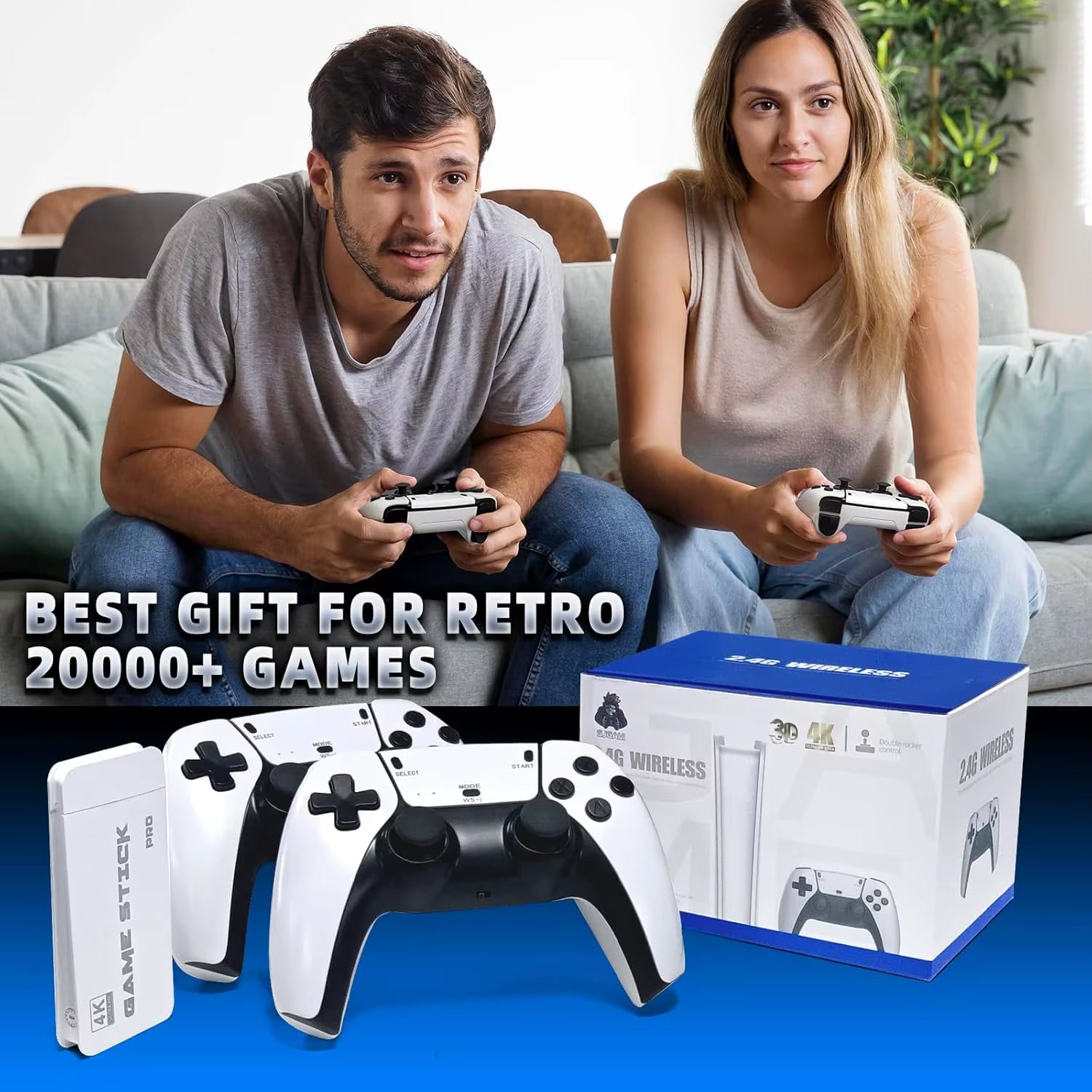 HD TV Retro Game Stick with Over 30,000 Built-in Games, Wireless Gamepads, and Handheld Memory card